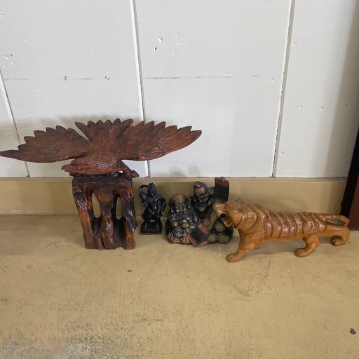 木彫り 鷲 虎  恵比寿大黒　金剛力士像　置物4点セット 開運 インテリア