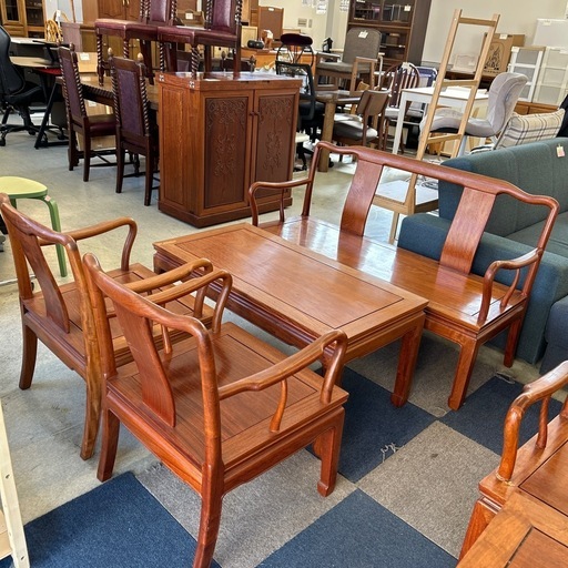 サ2510-406 唐木家具風 応接間セット 椅子2脚ベンチ付き ※バラ売り不可 キズ汚れ有り