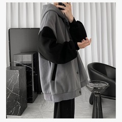 パーカー メンズ 長袖 フード付き ゆったり カジュアル 秋冬 グレー＆ブラック 2XLの画像