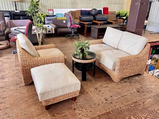 A1754?配送♻️設置?‼️3点セットアジアン家具 2人掛けソファ　+ 1掛けソファー+オットマンアジアンソファ ?