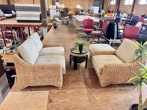 A1754?配送♻️設置?‼️3点セットアジアン家具 2人掛けソファ　+ 1掛けソファー+オットマンアジアンソファ ?