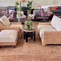 A1754🌟配送♻️設置🉑‼️3点セットアジアン家具 2人掛けソファ　+ 1掛けソファー+オットマンアジアンソファ 🌟の画像