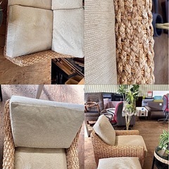 A1754🌟配送♻️設置🉑‼️3点セットアジアン家具 2人掛けソファ　+ 1掛けソファー+オットマンアジアンソファ 🌟の画像