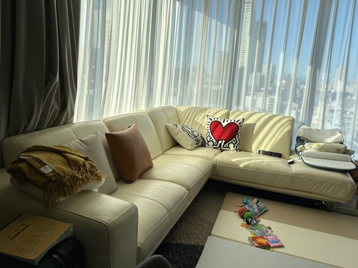 OTSUKA カウチソファ 革　乳白2点セット