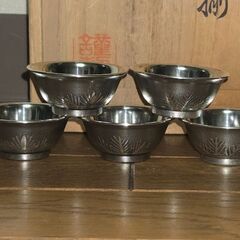 錫製 本錫器 チロリ 徳利 おチョコ 酒器セット 骨董 お猪口 木箱入り レトロの画像