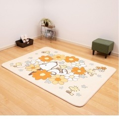 スヌーピー 花いっぱい ラグマット 約130×180cm オレンジ キャラクター 床暖房対応 の画像