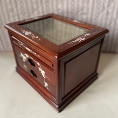 花梨 螺鈿細工 2段 小引き出し 小物入れ 上段 ショーケース ガラスケース 唐木 無垢 貴重品収納 宝石収納 時計収納 中古品  の画像