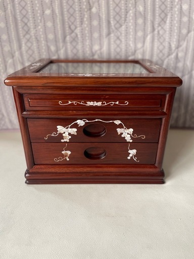 花梨 螺鈿細工 2段 小引き出し 小物入れ 上段 ショーケース ガラスケース 唐木 無垢 貴重品収納 宝石収納 時計収納 中古品