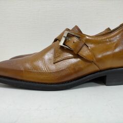 美品  響 hibiki メンズ ビジネスシューズ モンクストラップ ブラウン系 身長アップ 24.5cm 本革風　251030-1Tの画像