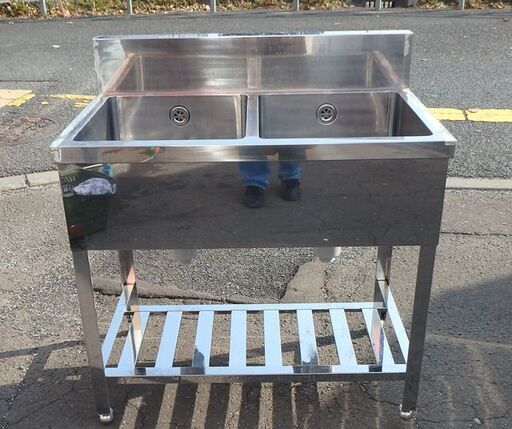 新札幌★ステンレス 二槽シンク 幅90cm×奥行60cm×高さ79～cm■業務用 流し台 バックガードあり■No.3675