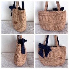 麻 マルシェバッグ ハンドメイド トートバッグ ネイビーリボンの画像