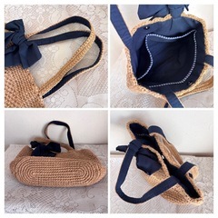 麻 マルシェバッグ ハンドメイド トートバッグ ネイビーリボンの画像