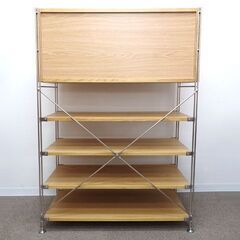 新札幌 / 無印良品 ステンレスユニットシェルフ(A) ワイド フラップ扉付き オーク材 幅86×奥行41×高さ120cm 収納ラック / No.3676の画像