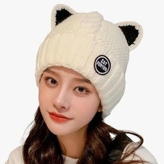 【新品】ふわもこ 裏起毛 ねこ耳付き ニット帽 防寒の画像