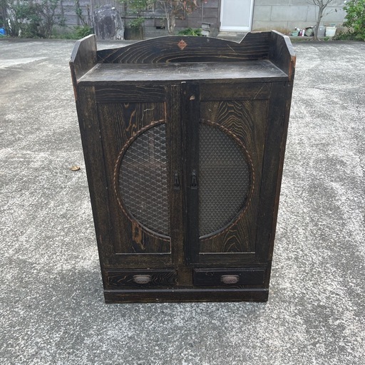 引き出し付き　収納棚　木製　黒　古道具　古家具　ヴィンテージ　アンティーク ☆本棚 アンティーク 木製ガラス扉キャビネット 引き出し付き 収納棚