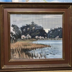 絵画 インテリア油絵 三溪園春色　猪瀬踏花　希少品　72x65c...