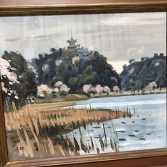 絵画 インテリア油絵 三溪園春色　猪瀬踏花　希少品　72x65cm 中古品　レアの画像