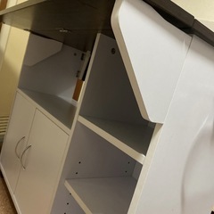  収納付きキッチンカウンター／木製 ホワイト×ブラウン／キャスター付きの画像