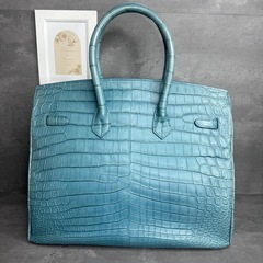 JRA認定 本革 クロコダイル マット仕上げ スカイブルー フラップ　トートバッグ 鰐革の画像