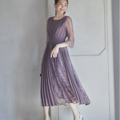 パーティドレス M プリーツ レースパープルの画像