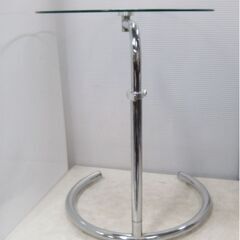 ガラステーブル　高さ調整可能50-70 cm　サイドテーブル　スチールパイプとガラス天板　インテリアデザイン　ラウンド　円形　275ZSの画像