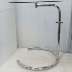 ガラステーブル　高さ調整可能50-70 cm　サイドテーブル　スチールパイプとガラス天板　インテリアデザイン　ラウンド　円形　275ZSの画像