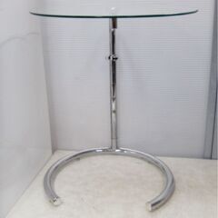 ガラステーブル　高さ調整可能50-70 cm　サイドテーブル　スチールパイプとガラス天板　インテリアデザイン　ラウンド　円形　275ZSの画像