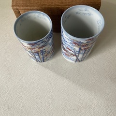 古い 有田焼 夫婦湯呑 ボール箱入り 金彩 朱彩 竹林図 縁起物 未使用自宅保管品  の画像