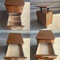 K34 ATOM サイドワゴン 3段 キャビネット デスク 収納 昇降式 袖机 昇降天板付 木製 プリンター台 昭和 レトロ 家具 の画像