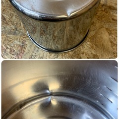 C(7640) 仔犬印 ステンレス 丸型キッチンポット 目盛付き 大小 2個セット 厨房用 飲食店 店舗用 キッチン用品 厨房用品 調理器具 中古の画像