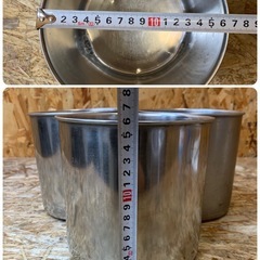 C(7642) ステンレス 丸型キッチンポット 目盛付き 3個セット 調味料入れ 厨房用 飲食店 店舗用 キッチン用品 厨房用品 調理器具 中古の画像