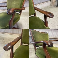 K41 オールド カリモク デスク チェア コロニアル 回転 椅子 モケット グリーン キャスター付 ヴィンテージ 天然木 リビング オフィス 書斎  の画像