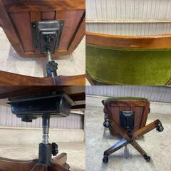 K41 オールド カリモク デスク チェア コロニアル 回転 椅子 モケット グリーン キャスター付 ヴィンテージ 天然木 リビング オフィス 書斎  の画像