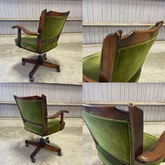 K41 オールド カリモク デスク チェア コロニアル 回転 椅子 モケット グリーン キャスター付 ヴィンテージ 天然木 リビング オフィス 書斎  の画像