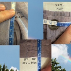 光沢のある薄い青紫色のクロップドパンツの画像