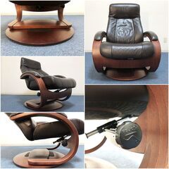 北欧ノルウェー Hjellegjerde パーソナルソファ 本革ダークブラウン Made in Norway 360°回転式リクライニングソファ イエリアーダの画像