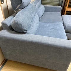 Bカンパニー ソファー 3人掛け＋オットマン（ブルー系）引き取り限定 2,000円の画像