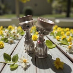 昭和レトロ　カンカン帽の猫の置物　ペア　アンティーク　陶器製の画像