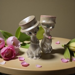 昭和レトロ　カンカン帽の猫の置物　ペア　アンティーク　陶器製の画像