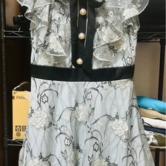 ネックリボンフラワー総レースフリルAラインミニドレス ブルー　Sの画像