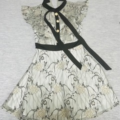 ネックリボンフラワー総レースフリルAラインミニドレス ブルー　Sの画像