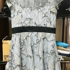 ネックリボンフラワー総レースフリルAラインミニドレス ブルー　Sの画像