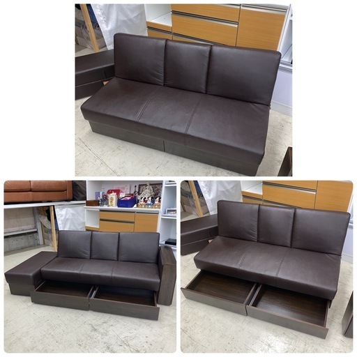 ?年末SALE? 収納付き　3人掛け　リクライニング　ソファ　ソファーベッド　ベッド　幅170×奥90×高73cm　リサイクルショップ