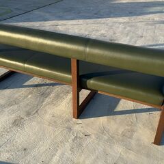 L字型 ベンチソファ オリーブグリーン PVCレザー 幅200cm 木製脚 カフェスタイルの画像