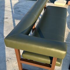 L字型 ベンチソファ オリーブグリーン PVCレザー 幅200cm 木製脚 カフェスタイルの画像