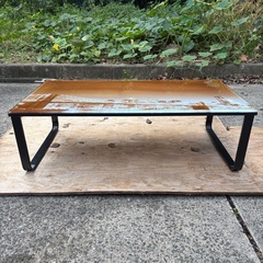 ブルックリン橋夜景デザインのガラストップ　ローテーブル　センターテーブル／U字スチール脚 の画像