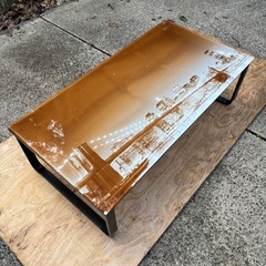 ブルックリン橋夜景デザインのガラストップ　ローテーブル　センターテーブル／U字スチール脚 の画像