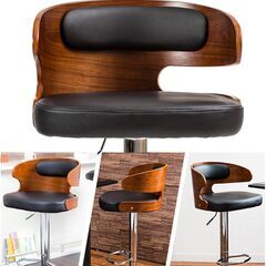 カウンターチェア 【魅せる非対称デザイン】 おしゃれなバーチェア 曲木の木製仕様 快適な背もたれ 座面ゆったりクッション 360度回転 昇降式 1脚 ブラック の画像