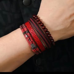 【新品未開封品】レッド系木製ビーズレザーブレスレットセットの画像