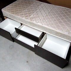 シングルベッド マットレス付き 幅97.5×奥行206×高さ85cm 引出し収納 コンセント付き ダークブラウン系 寝具 家具 苫小牧西店の画像